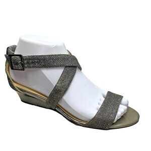 JIMMY CHOO Chiara Anthracite‎ Leather Glitter Demi Wedge Sandals